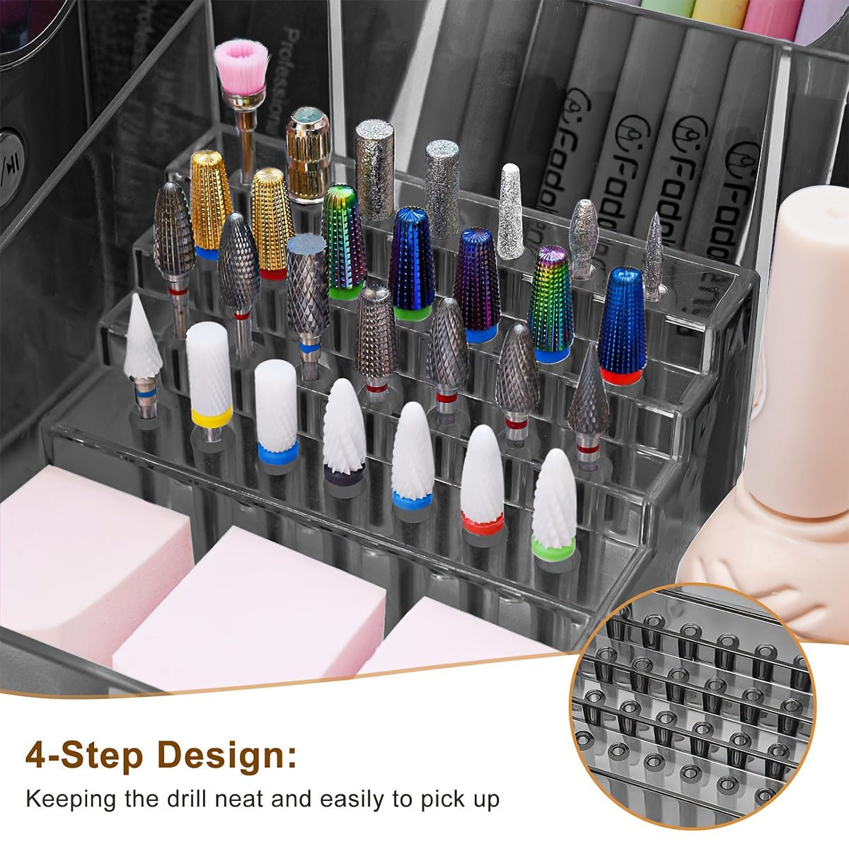 PINDAR 28-Capacity Professional Manicure & Pedicure Organizer with 3 Compartments, Transparent Drawers & Fixed Compartments - Durable Plastic Bathroom Storage Box for Nail Art Supplies, Makeup Brushes, Beauty Tools, Nail Tech Accessories, Sleek Design,