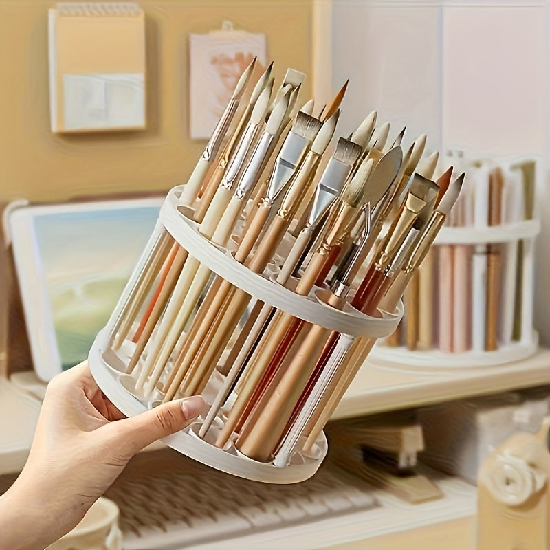 360° Rotatable Art Brush Organizer - White Ceramic-Coated Plastic Insert Holder with Multiple Compartments for Brushes, Pens, Makeup Tools - Space-Saving Desktop Storage for Artists & Crafters, Craft Tool Organizer, Smooth Finish, Durable Construction,