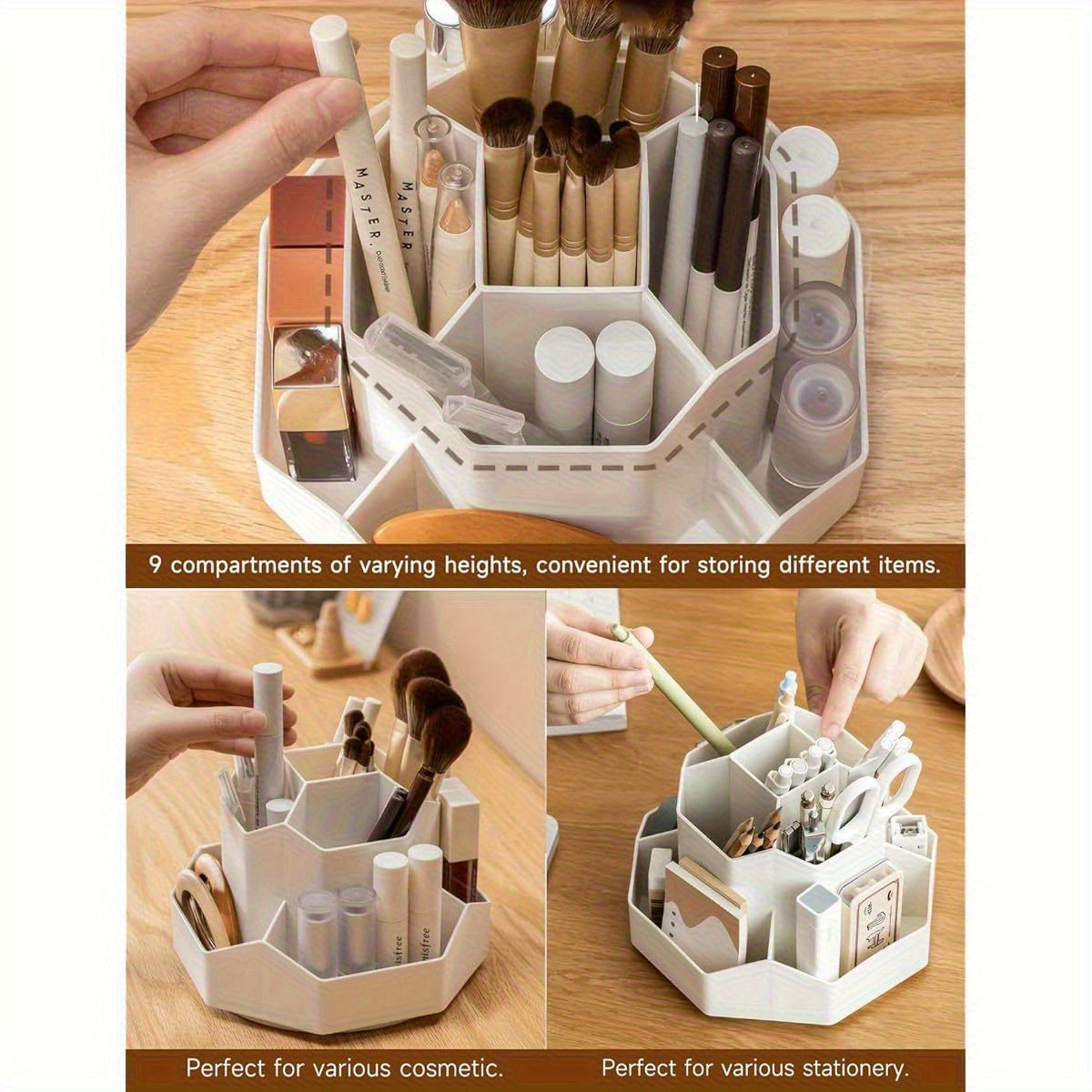 360° Rotating Nine-Grid Desktop Organizer - Milky White Pen & Pencil Holder with Sturdy Base, Space-Saving Design for Office & Home Art Supplies Storage, Durable Premium Craftsmanship, Office Desk Accessories, Highquality Construction