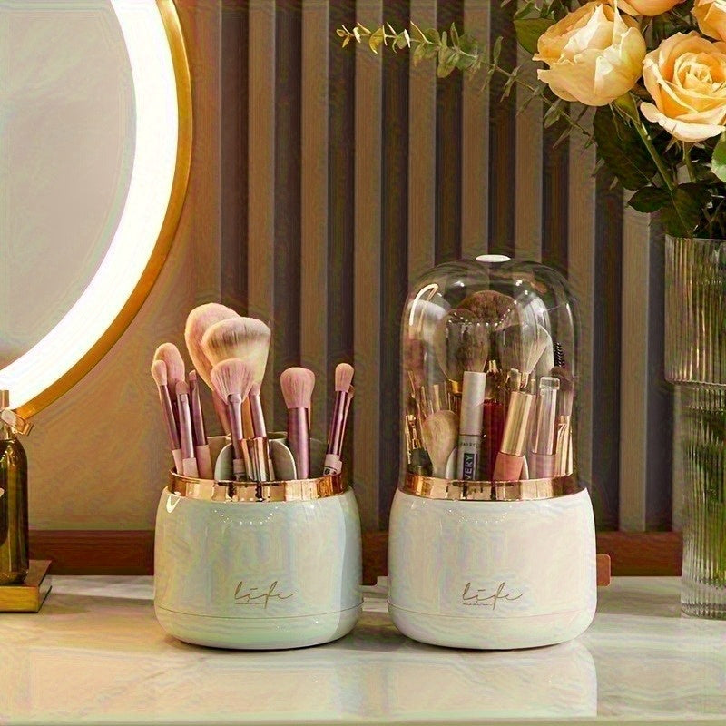 Luxury Makeup Brush Organizer with Mint Green & Rose Golden Accents - Transparent Vanity Storage Box, Large Capacity Makeup Organizer with Dustproof Lid for Professional or Home Use - Bathroom Countertop Decor, No Assembly Needed, Makeup Vanity Desk