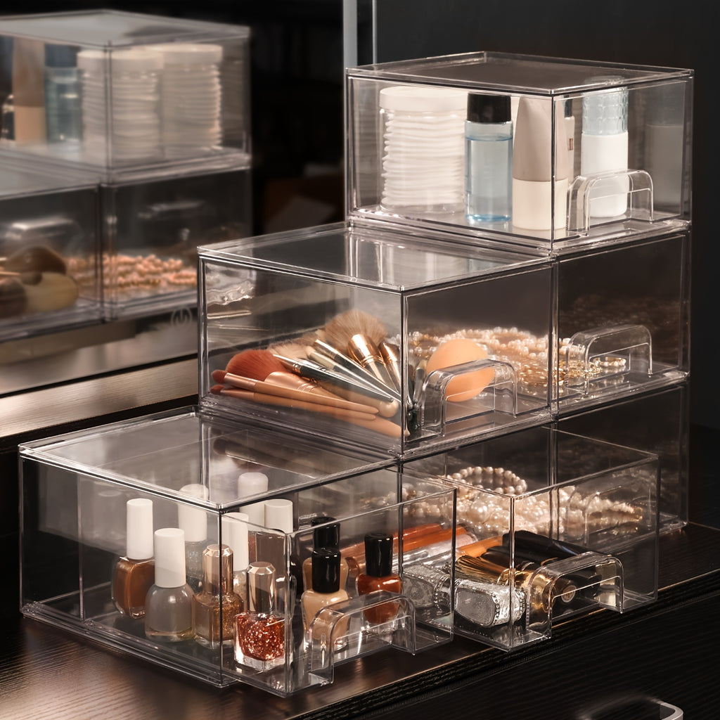 WHONLINE 6pcs /12pcs 7.4In Acrylic Jewelry Storage Drawers, Clear Stackable Organizer Boxes, Jewelry Display Bins, Storage for Necklaces, Rings, Accessories, Makeups