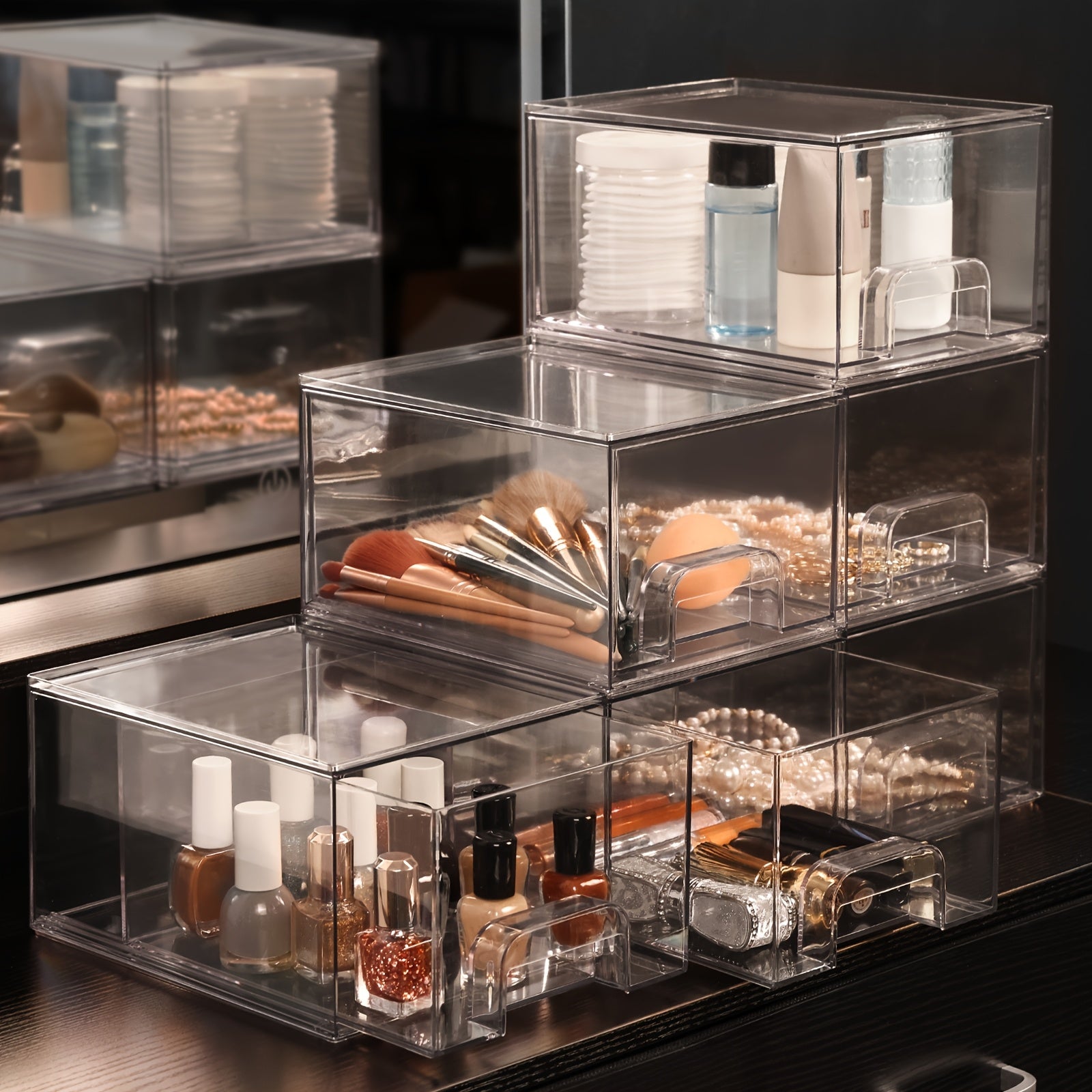 WHONLINE 6pcs /12pcs 7.4In Acrylic Jewelry Storage Drawers, Clear Stackable Organizer Boxes, Jewelry Display Bins, Storage for Necklaces, Rings, Accessories, Makeups