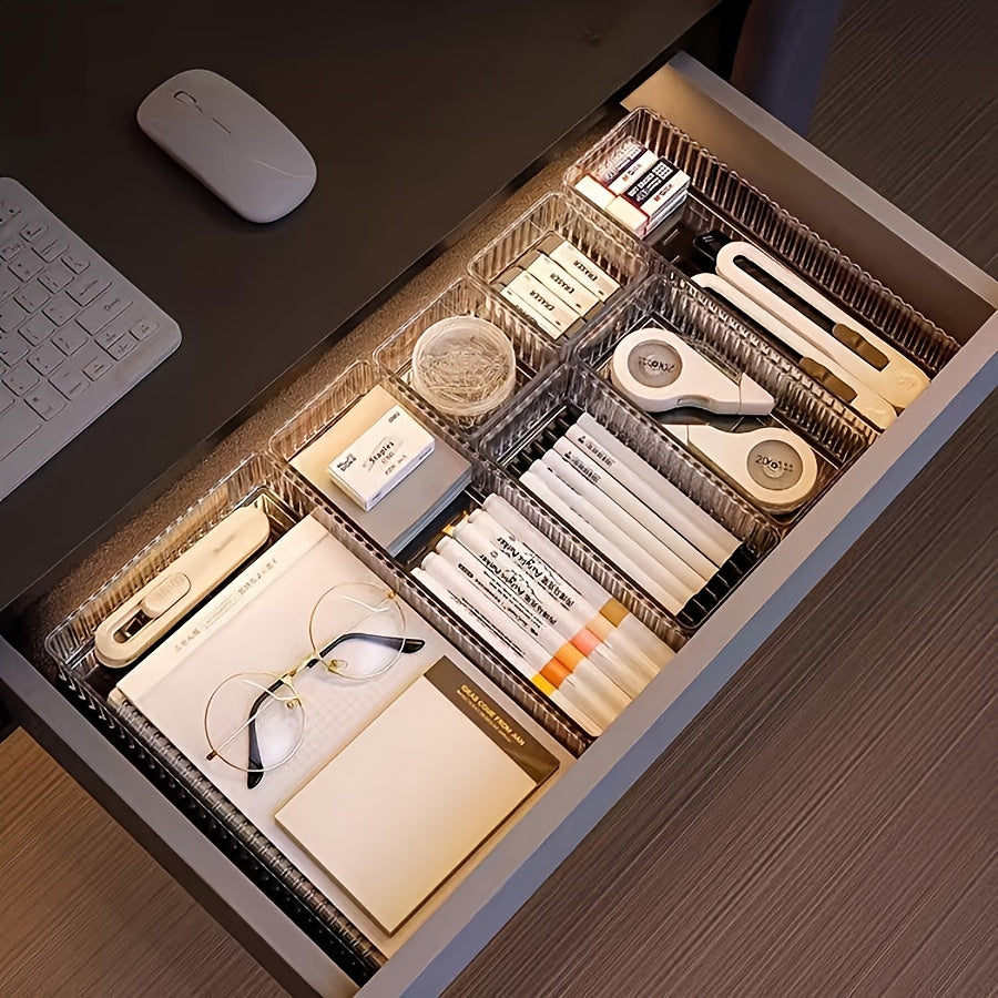 7pcs set/8pcs acrylic drawer with built-in cosmetics storage box, dividing dresser table top skincare product organizer box, and the set has multiple size combinations, Desk & Drawer Organizer for Home Storage