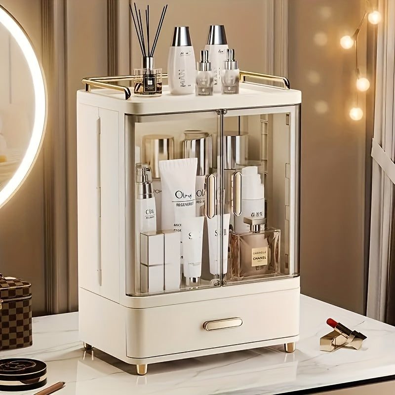 2/3 Layer Cosmetic Storage Organizer with Golden Plated Handles & Top Shelf Guardrail - Durable Plastic Freestanding Bathroom & Bedroom Storage Box, Polished Finish, No Power Needed, Bathroom Organizers And Storage