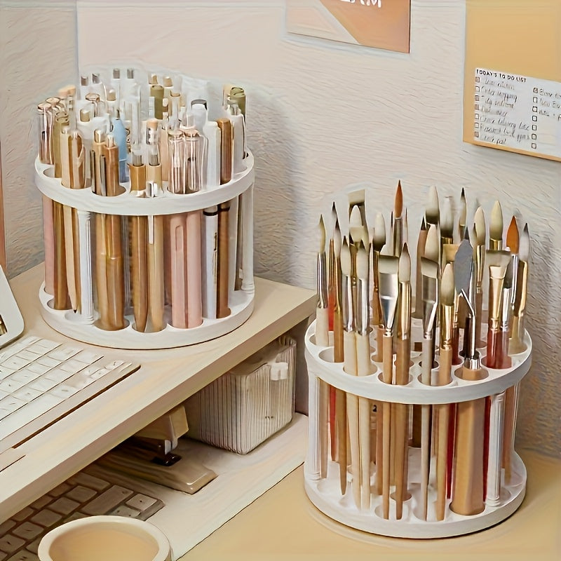 360° Rotatable Art Brush Organizer - White Ceramic-Coated Plastic Insert Holder with Multiple Compartments for Brushes, Pens, Makeup Tools - Space-Saving Desktop Storage for Artists & Crafters, Craft Tool Organizer, Smooth Finish, Durable Construction,