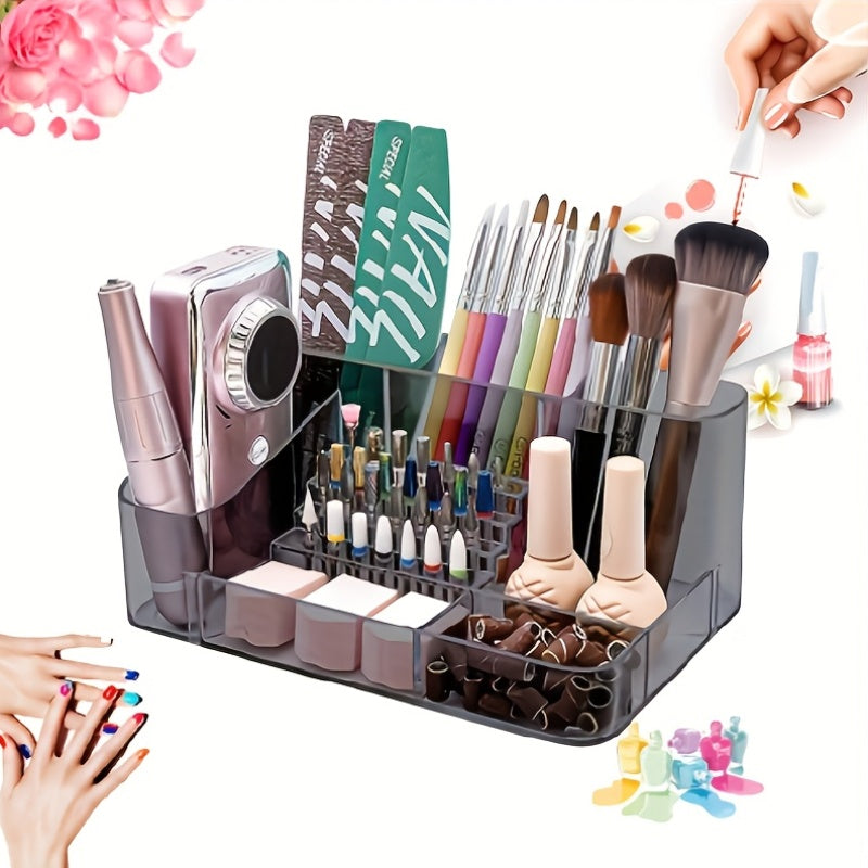 PINDAR 28-Capacity Professional Manicure & Pedicure Organizer with 3 Compartments, Transparent Drawers & Fixed Compartments - Durable Plastic Bathroom Storage Box for Nail Art Supplies, Makeup Brushes, Beauty Tools, Nail Tech Accessories, Sleek Design,