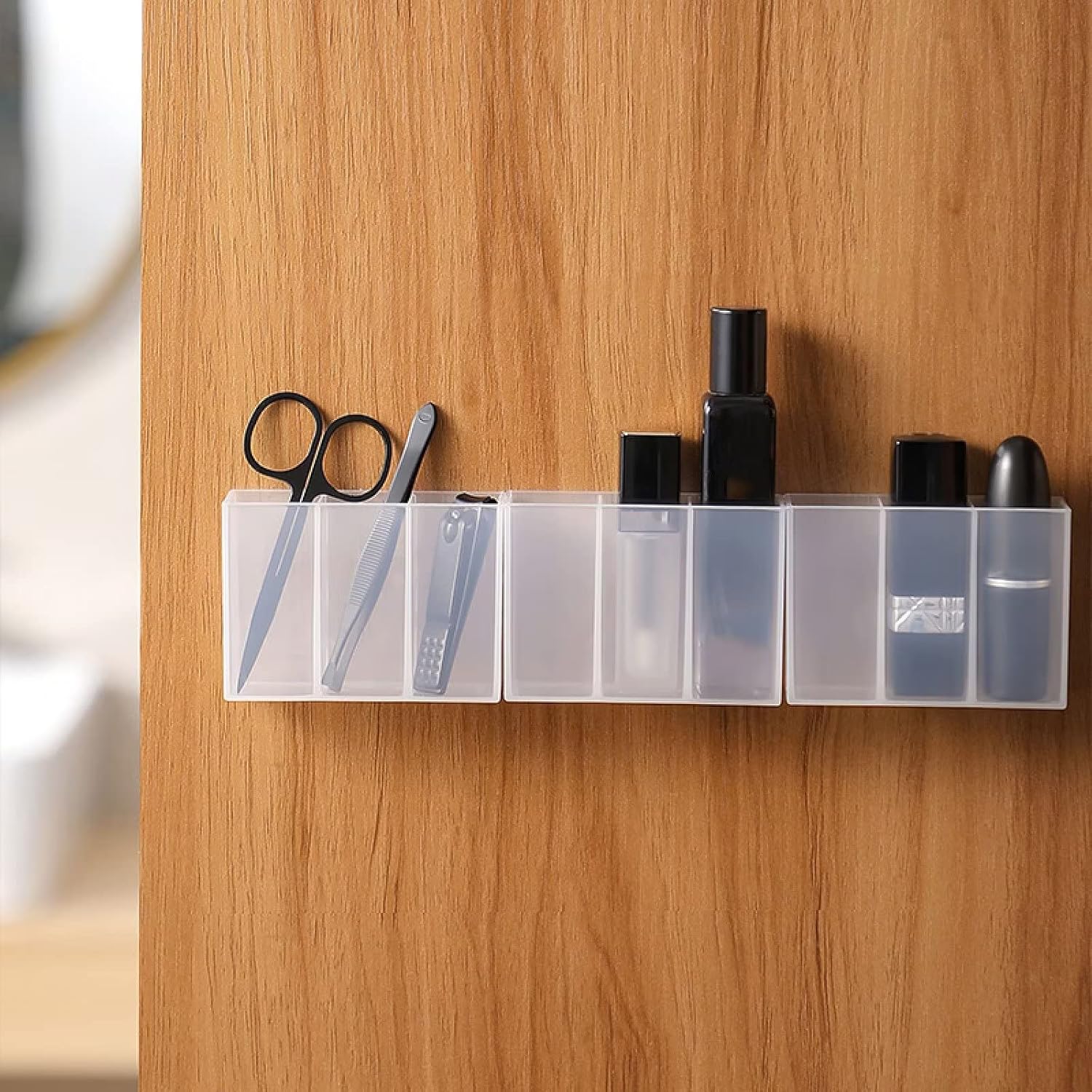 3pcs Transparent Plastic Wall-Mounted Storage Boxes with 3 Compartments - Self-Adhesive Makeup Brush & Lipstick Organizer for Home Office, Bathroom, or Vanity - Space-Saving Design for Cosmetics, Pens, and Small Items, Makeup Vanity Desk, Bathroom