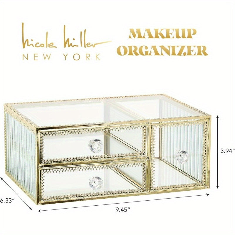 360-Degree Rotating Makeup Organizer with Golden Accents - 3-Drawer Vanity Storage, No Assembly Needed, Elegant Cosmetic Organizer with Spacious Drawers for Professional or Home Use - Perfect Gift for Beauty Enthusiasts, Modern Design, Polished Finish,