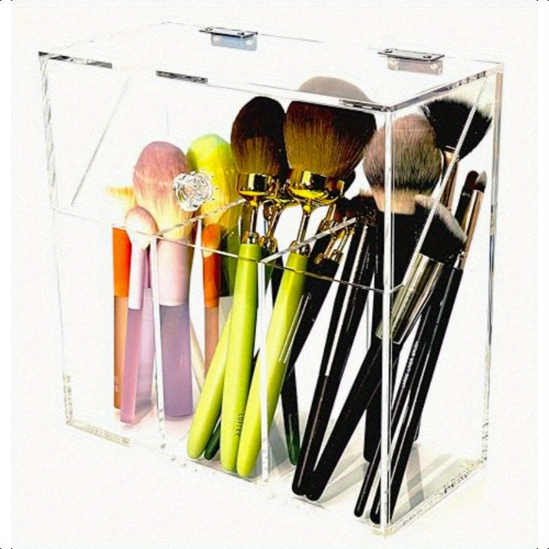 Acrylic Makeup OrganizerClear Cosmetic Brush Storage Box With 3 Brush Holders Makeup Brush Holderwith Dust Cover Largecapacity Split Design Can Quickly Organize the Desktop No pearls