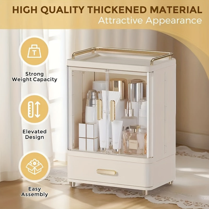 2/3 Layer Cosmetic Storage Organizer with Golden Plated Handles & Top Shelf Guardrail - Durable Plastic Freestanding Bathroom & Bedroom Storage Box, Polished Finish, No Power Needed, Bathroom Organizers And Storage