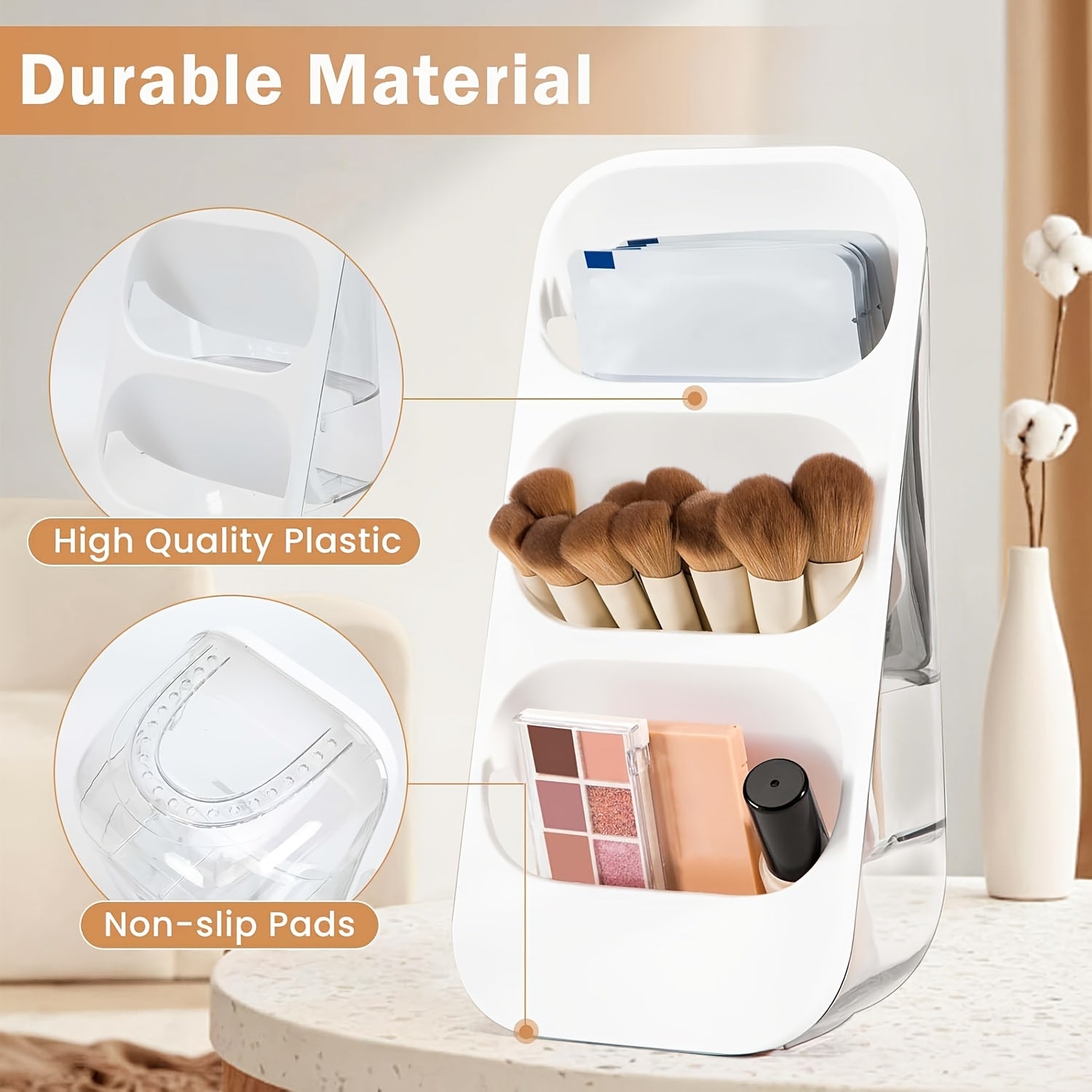 3-Tier Makeup Brush Holder & Organizer with Multiple Compartments – Lightweight Plastic Countertop Storage for Brushes, Lipsticks, Skincare Products, and Stationery – Perfect for Bathroom or Vanity Display, Makeup Brush Holder
