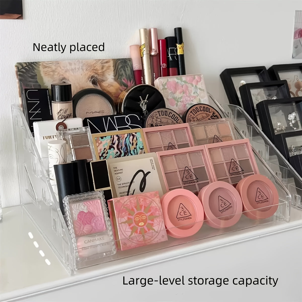 Clear Acrylic Makeup Organizer for Desk - Lightweight, Polished Finish, Multi-Compartment Storage for Cosmetics, Lipsticks, Eyeshadows, Brushes - Transparent Design for Easy Visibility, Makeup Vanity Desk, Sleek Design, Durable Construction