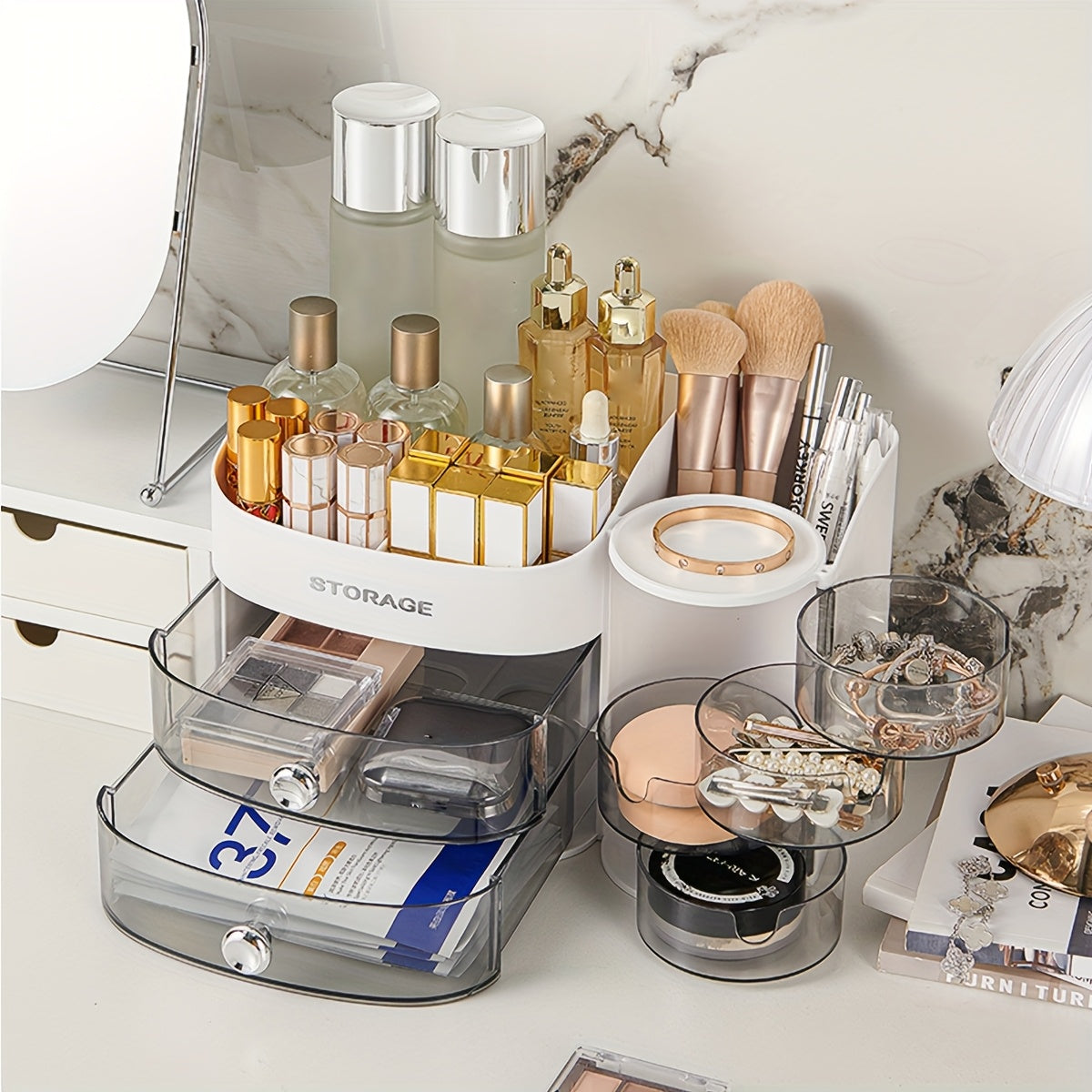 Desk Organizer Cosmetic Storage Box with Drawers - Plastic, Ideal for Lipstick and Facial Masks