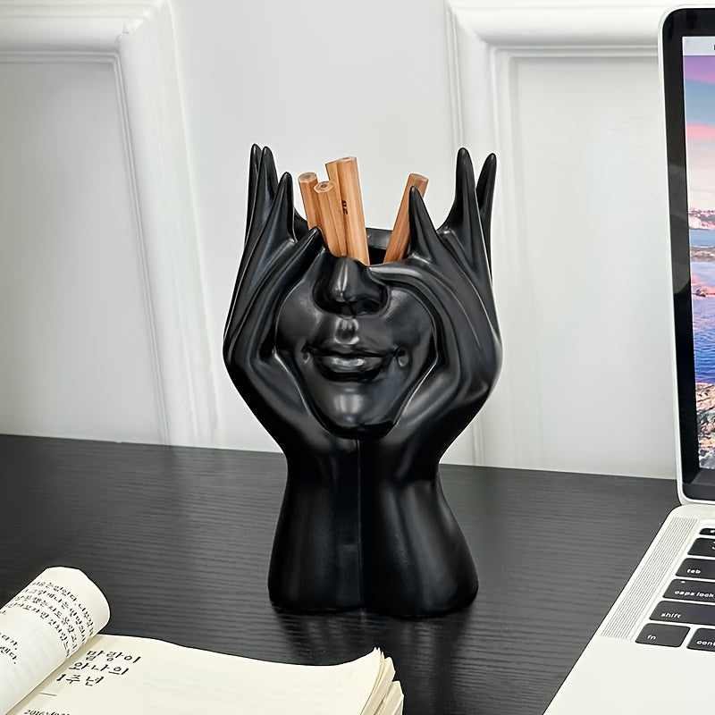 1pc Multifunctional Facial Sculpture Pen Holder & Makeup Brush Organizer - Creative Artistic Decorative Home Office Bathroom Vanity Storage Box, Durable Resin Material Desktop Organizer for Makeup Supplies, No Power Required