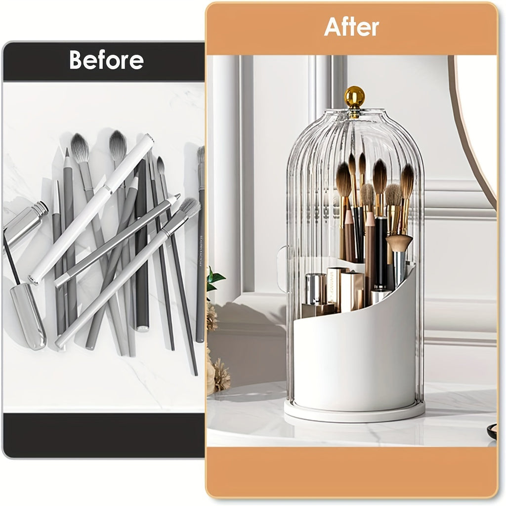 Makeup Brush Holder With Dustproof Cover 360 Rotating Makeup Brush Organizer For Vanity Bathroom