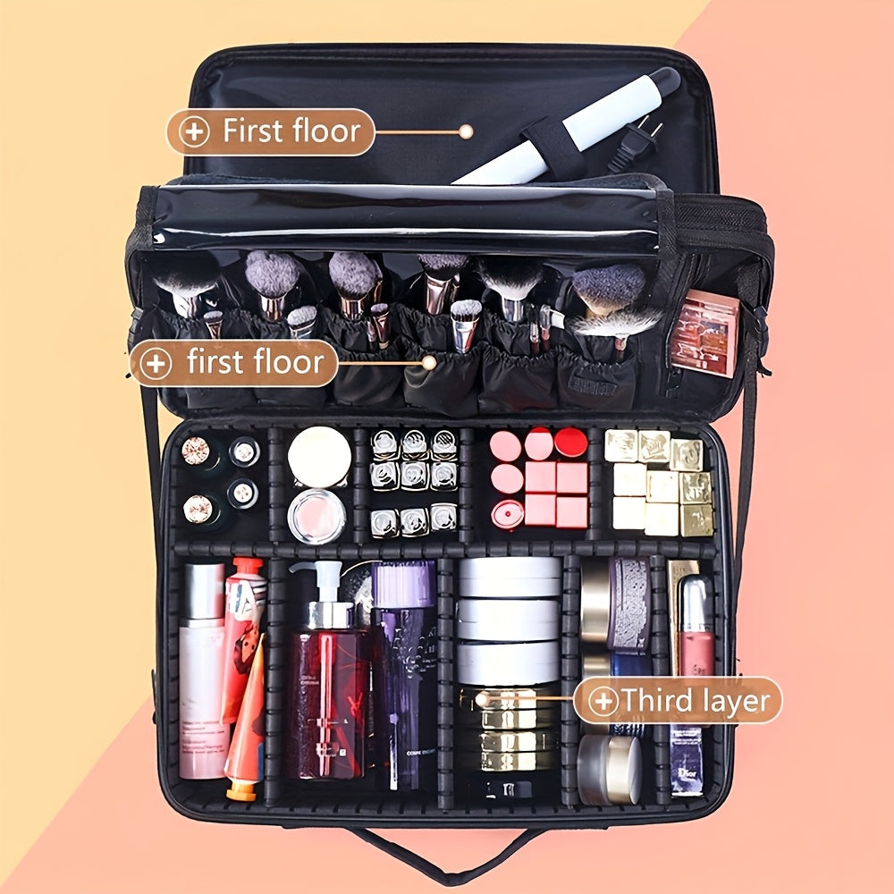Travel Professional Makeup Case Large Capacity Multi-Layer Beauty Storage Bag Portable Makeup Tool Bag for Business Trips Multi-Functional Cosmetics and Skincare Organizer Box with Brush Holder Design