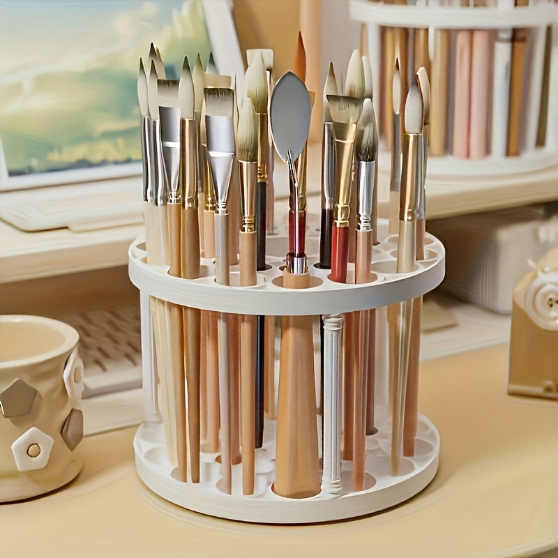 360° Rotatable Art Brush Organizer - White Ceramic-Coated Plastic Insert Holder with Multiple Compartments for Brushes, Pens, Makeup Tools - Space-Saving Desktop Storage for Artists & Crafters, Craft Tool Organizer, Smooth Finish, Durable Construction,