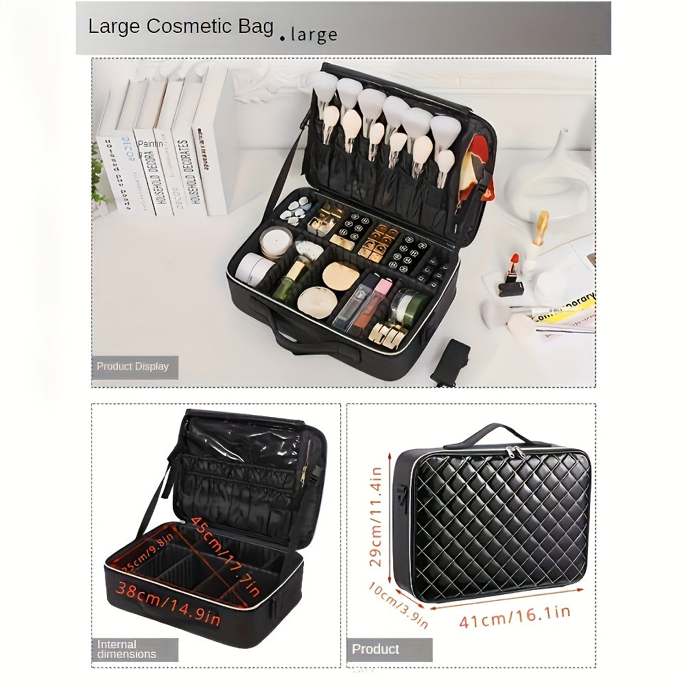 [Everyday Comfort] Large Capacity Waterproof Makeup Bag - Quilted Travel Cosmetic Organizer for Brushes, Beauty Tools, and Manicure Accessories, Portable Artist Storage Case with Multiple Compartments, Beauty Tool Organizer | Stylish Artist Case |