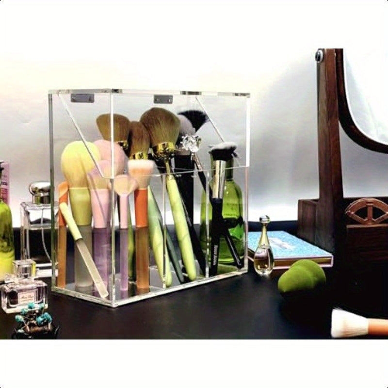 Acrylic Makeup OrganizerClear Cosmetic Brush Storage Box With 3 Brush Holders Makeup Brush Holderwith Dust Cover Largecapacity Split Design Can Quickly Organize the Desktop No pearls