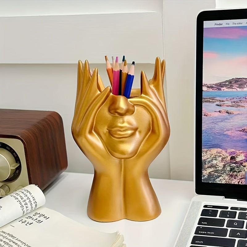 1pc Human Body Art Makeup Brush & Pen Holder - Black & Golden Sculpture Design, Wall-Mounted Vanity Organizer with Multiple Compartments for Cosmetics, Makeup Brushes, Stationery Storage - Durable Painted Finish, Makeup Vanity Desk, Elegant Design, Sleek