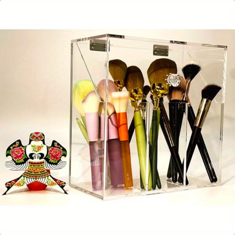 Acrylic Makeup OrganizerClear Cosmetic Brush Storage Box With 3 Brush Holders Makeup Brush Holderwith Dust Cover Largecapacity Split Design Can Quickly Organize the Desktop No pearls