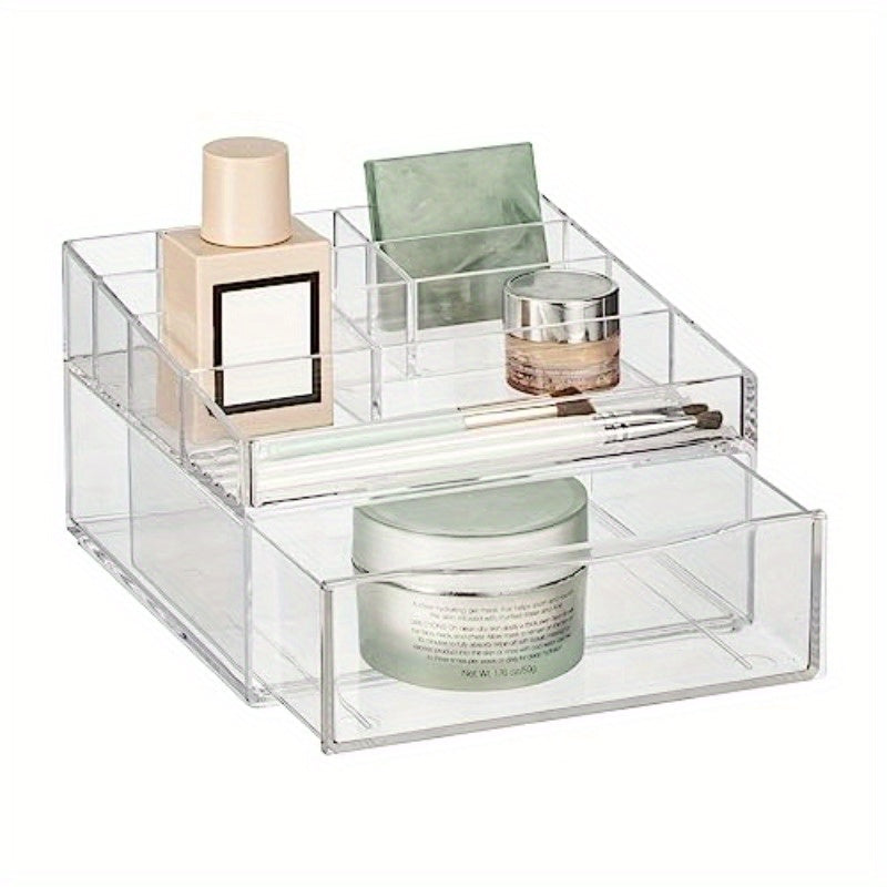 Cadi Collection Clear Plastic Divided Makeup Organizer Bin with Front Drawer - 11-Compartment Bathroom Vanity Storage for Cosmetics, Brushes, Nail Art Tools | Durable Countertop Organizer, Space-Saving Design (7.68x7x4.6in), Cosmetic Storage Organizer,