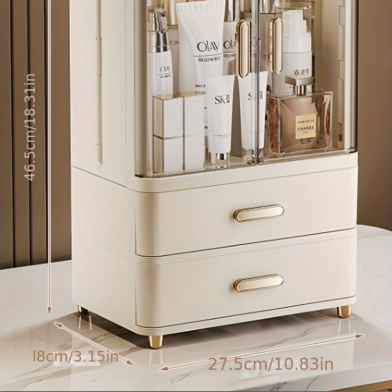 2/3 Layer Cosmetic Storage Organizer with Golden Plated Handles & Top Shelf Guardrail - Durable Plastic Freestanding Bathroom & Bedroom Storage Box, Polished Finish, No Power Needed, Bathroom Organizers And Storage