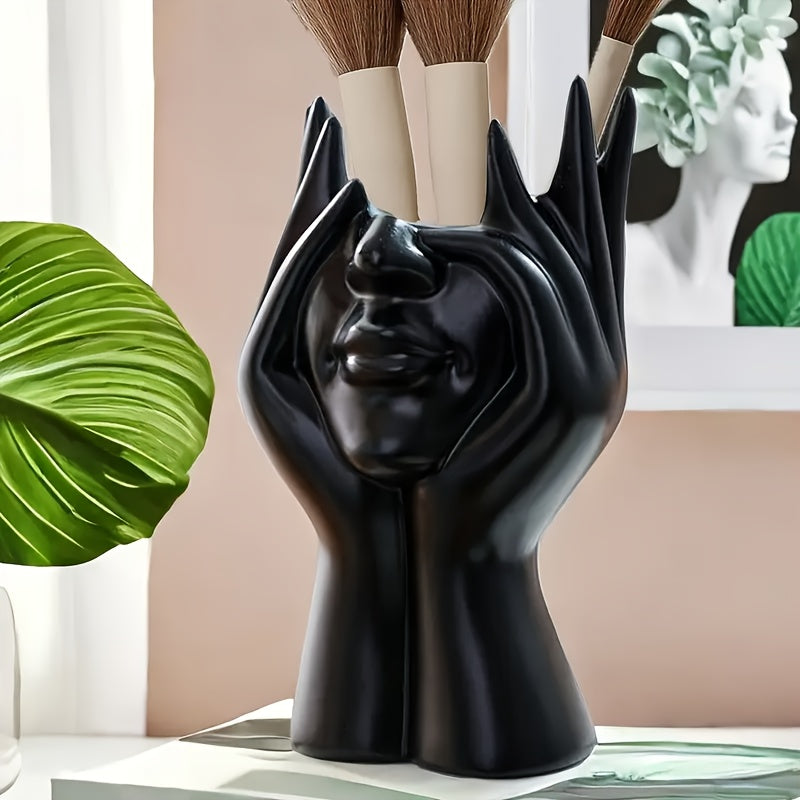 1pc Multifunctional Facial Sculpture Pen Holder & Makeup Brush Organizer - Creative Artistic Decorative Home Office Bathroom Vanity Storage Box, Durable Resin Material Desktop Organizer for Makeup Supplies, No Power Required