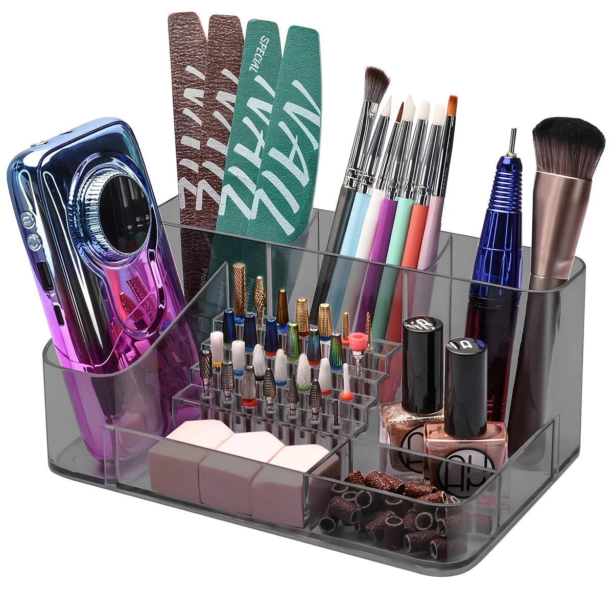 PINDAR 28-Capacity Professional Manicure & Pedicure Organizer with 3 Compartments, Transparent Drawers & Fixed Compartments - Durable Plastic Bathroom Storage Box for Nail Art Supplies, Makeup Brushes, Beauty Tools, Nail Tech Accessories, Sleek Design,