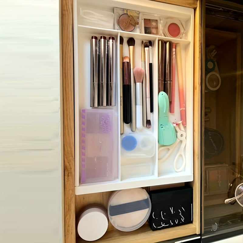 [Adjustable Drawer Organizer] Multi-Compartment Adjustable Drawer Organizer for Desktop - Plastic Storage Box with Blue Handles, Ideal for Pens, Makeup Brushes, Spoons, Forks - Easy to Move and Access, Desk and Drawer Organizer Suitable for Home Storage,