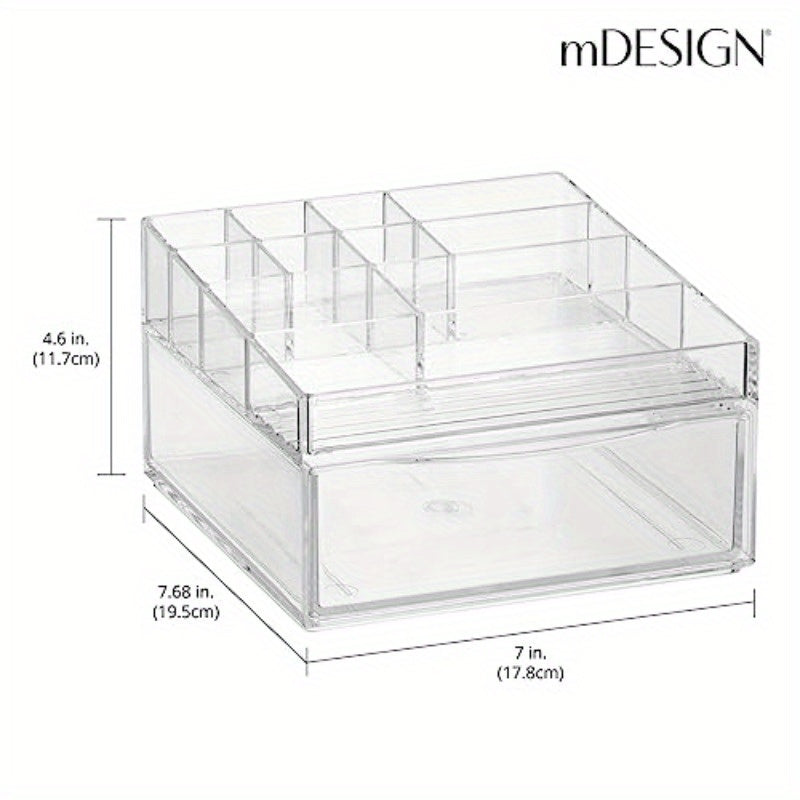 Cadi Collection Clear Plastic Divided Makeup Organizer Bin with Front Drawer - 11-Compartment Bathroom Vanity Storage for Cosmetics, Brushes, Nail Art Tools | Durable Countertop Organizer, Space-Saving Design (7.68x7x4.6in), Cosmetic Storage Organizer,