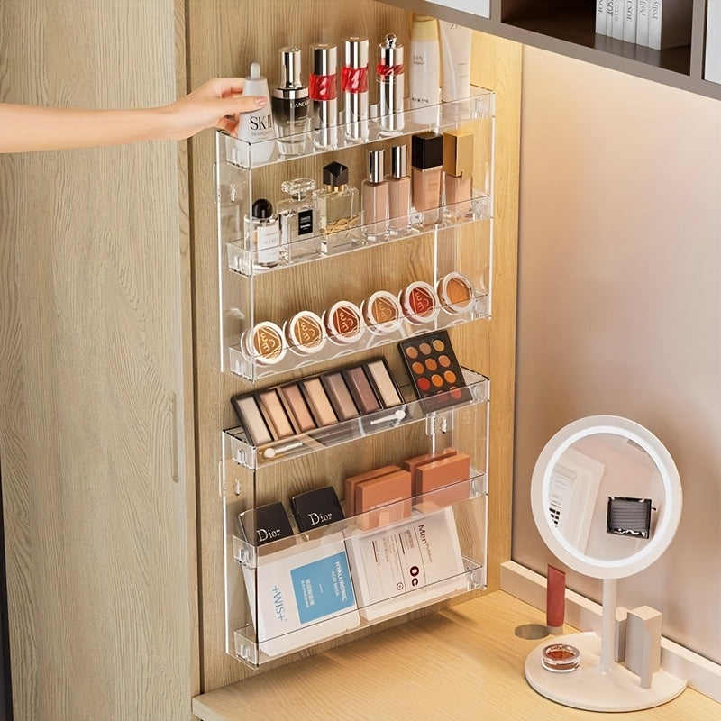 1pc Clear Wall-Mounted Makeup Organizer Shelf - Heavy-Duty Adjustable Vanity Tray, Space-Saving Bathroom Storage Rack with Large Capacity for Makeup, Perfume, Lipsticks, Foundation - Easy Installation, No Tools Needed, Modern Vanity Decor for Home, Salon,