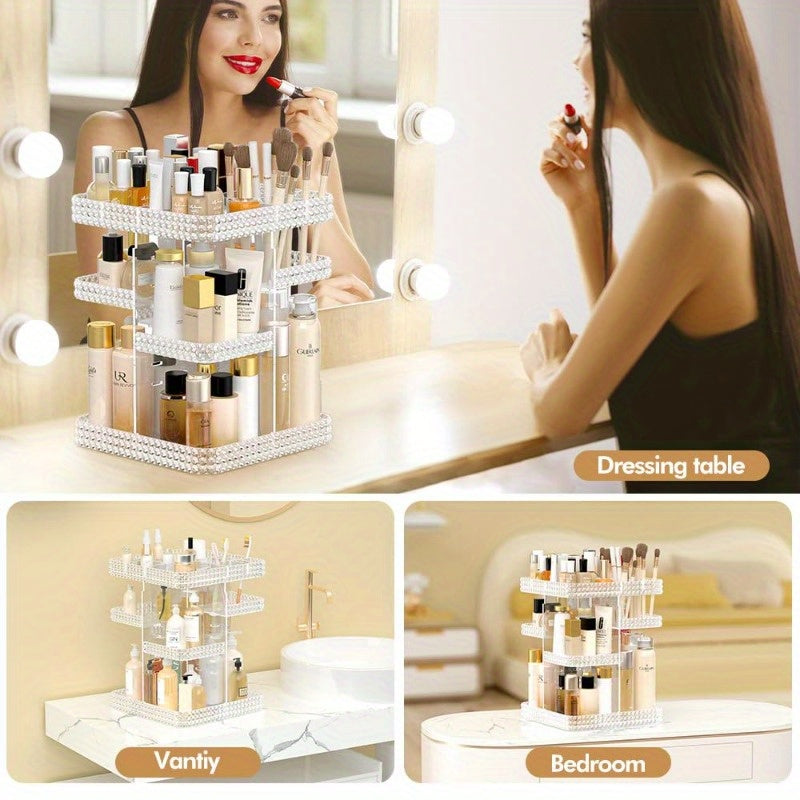 Rotating Makeup Organizer for Vanity - High-Capacity Acrylic Cosmetic Storage with Clear Drawers, Multi-Compartment Design for Perfume, Skincare & Makeup Brushes, Plus Size Clear Countertop Organizer, Bathroom Vanity Storage, Sleek Modern Look, Clear