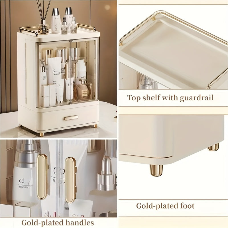 2/3 Layer Cosmetic Storage Organizer with Golden Plated Handles & Top Shelf Guardrail - Durable Plastic Freestanding Bathroom & Bedroom Storage Box, Polished Finish, No Power Needed, Bathroom Organizers And Storage