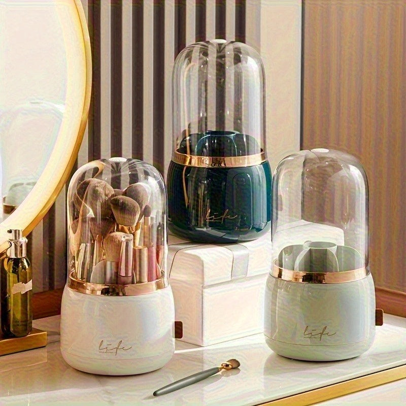 Luxury Makeup Brush Organizer with Mint Green & Rose Golden Accents - Transparent Vanity Storage Box, Large Capacity Makeup Organizer with Dustproof Lid for Professional or Home Use - Bathroom Countertop Decor, No Assembly Needed, Makeup Vanity Desk