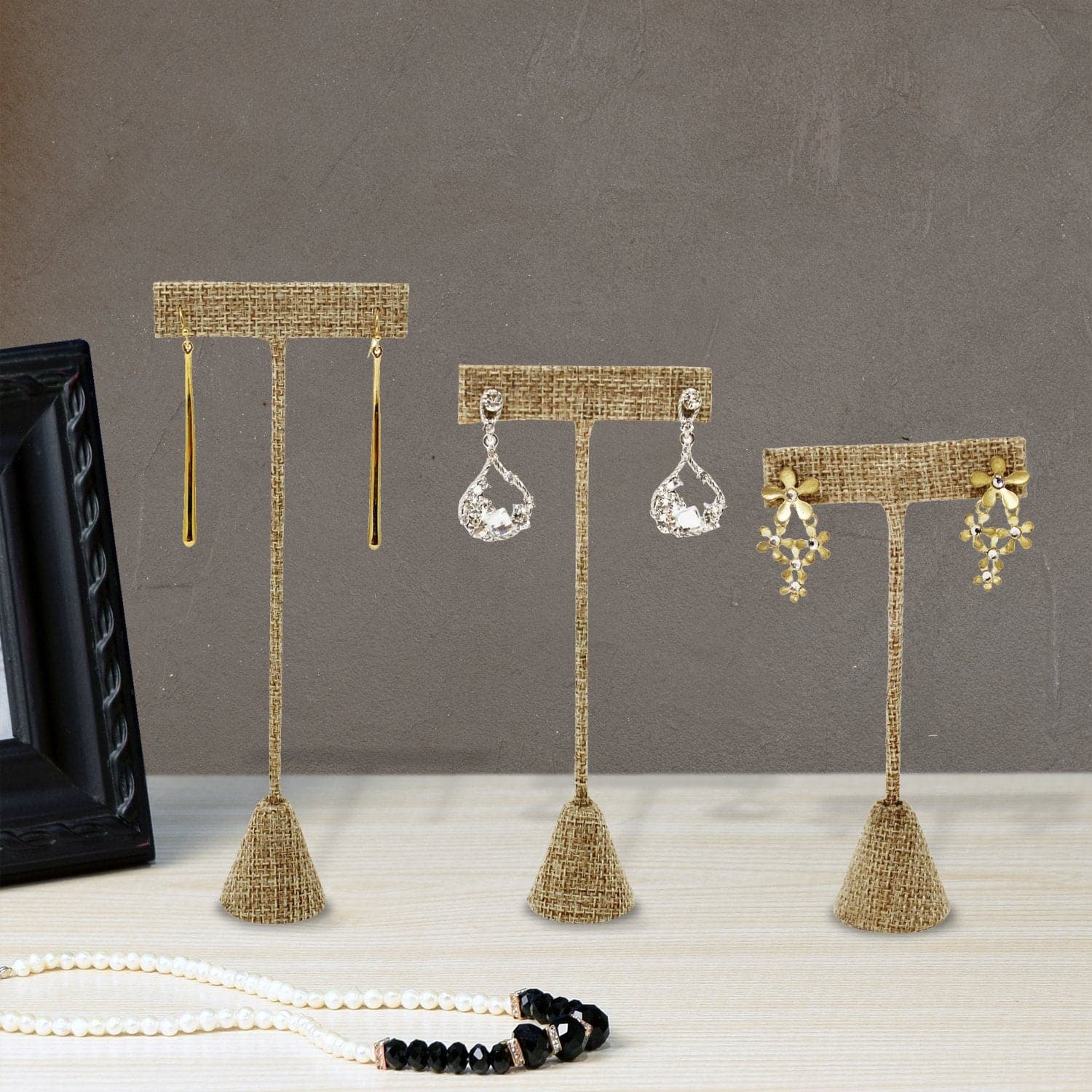 #ED-2401N-N3 Tall Metal T-Shaped Earring Display Stand, Burlap Linen