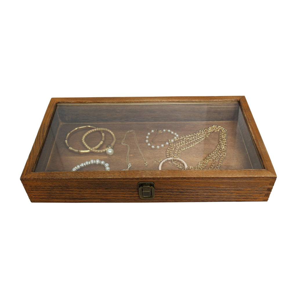 #WD832C Antique Wood Storage Case with Tempered Glass View Top