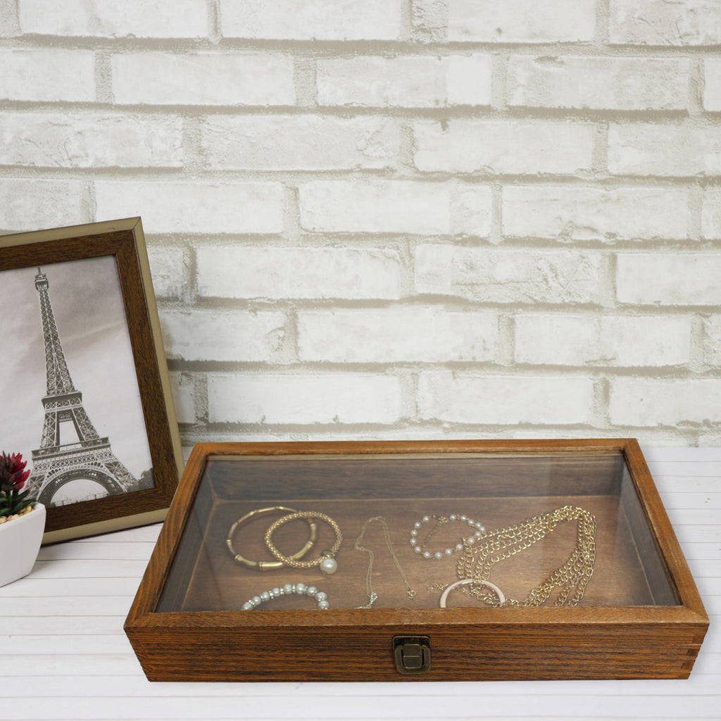 #WD832C Antique Wood Storage Case with Tempered Glass View Top