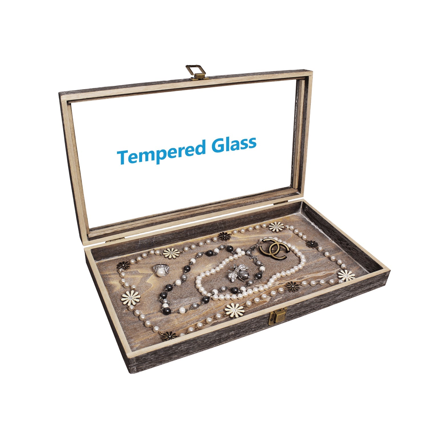 #WD832C Antique Wood Storage Case with Tempered Glass View Top