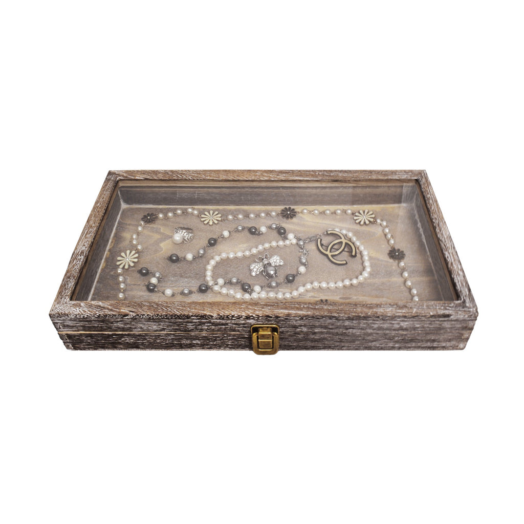 #WD832C Antique Wood Storage Case with Tempered Glass View Top