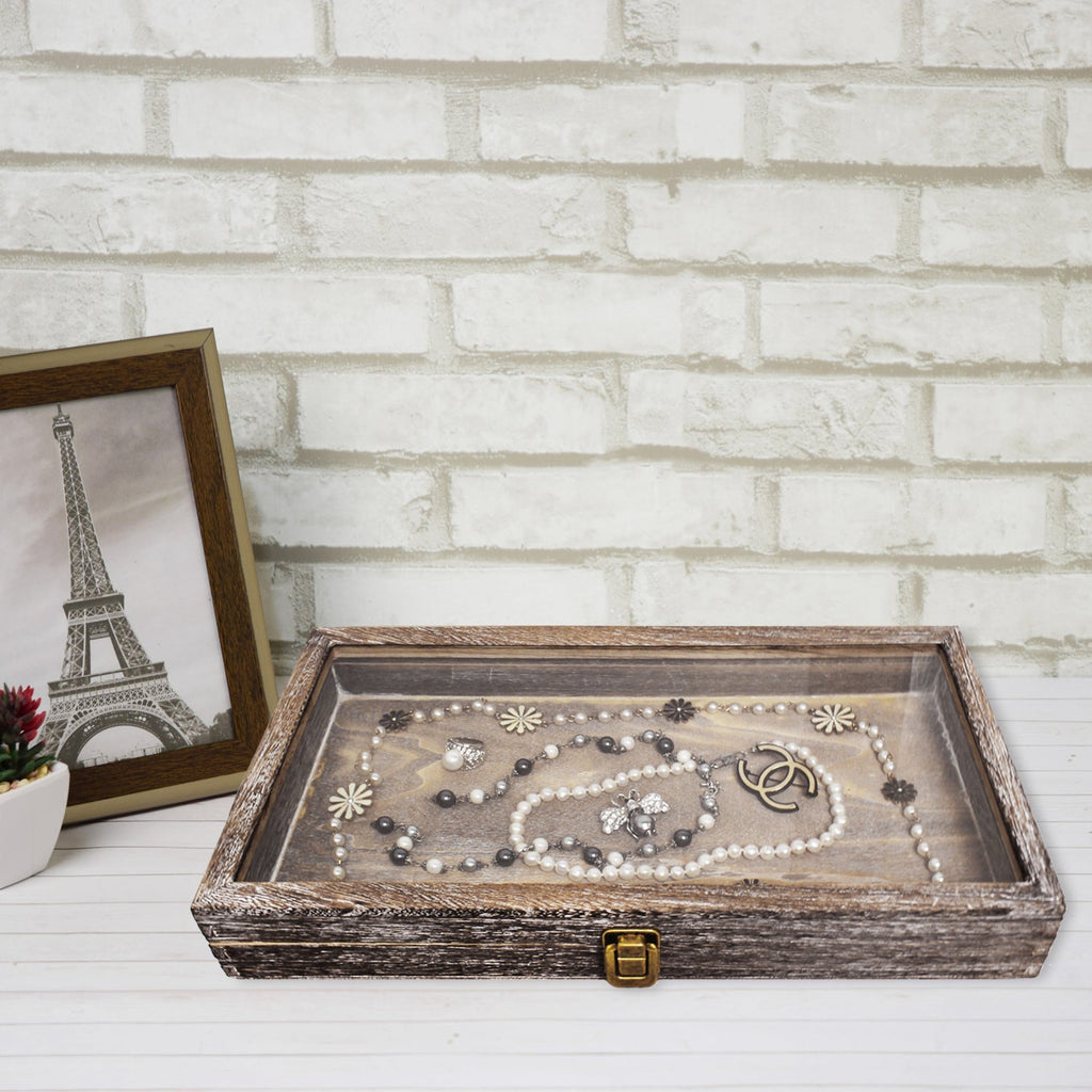 #WD832C Antique Wood Storage Case with Tempered Glass View Top