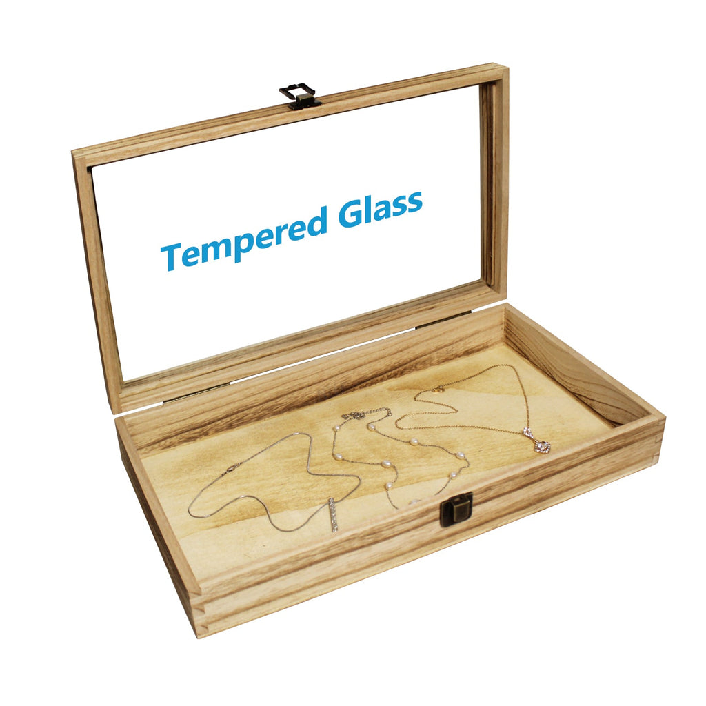 #WD832C Antique Wood Storage Case with Tempered Glass View Top