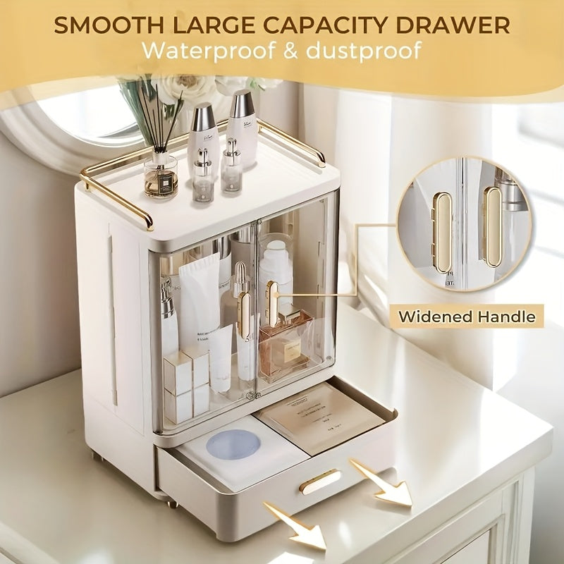 2/3 Layer Cosmetic Storage Organizer with Golden Plated Handles & Top Shelf Guardrail - Durable Plastic Freestanding Bathroom & Bedroom Storage Box, Polished Finish, No Power Needed, Bathroom Organizers And Storage