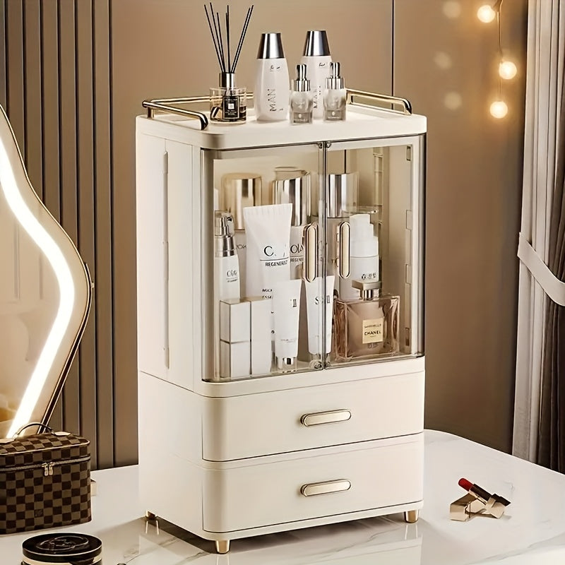 2/3 Layer Cosmetic Storage Organizer with Golden Plated Handles & Top Shelf Guardrail - Durable Plastic Freestanding Bathroom & Bedroom Storage Box, Polished Finish, No Power Needed, Bathroom Organizers And Storage