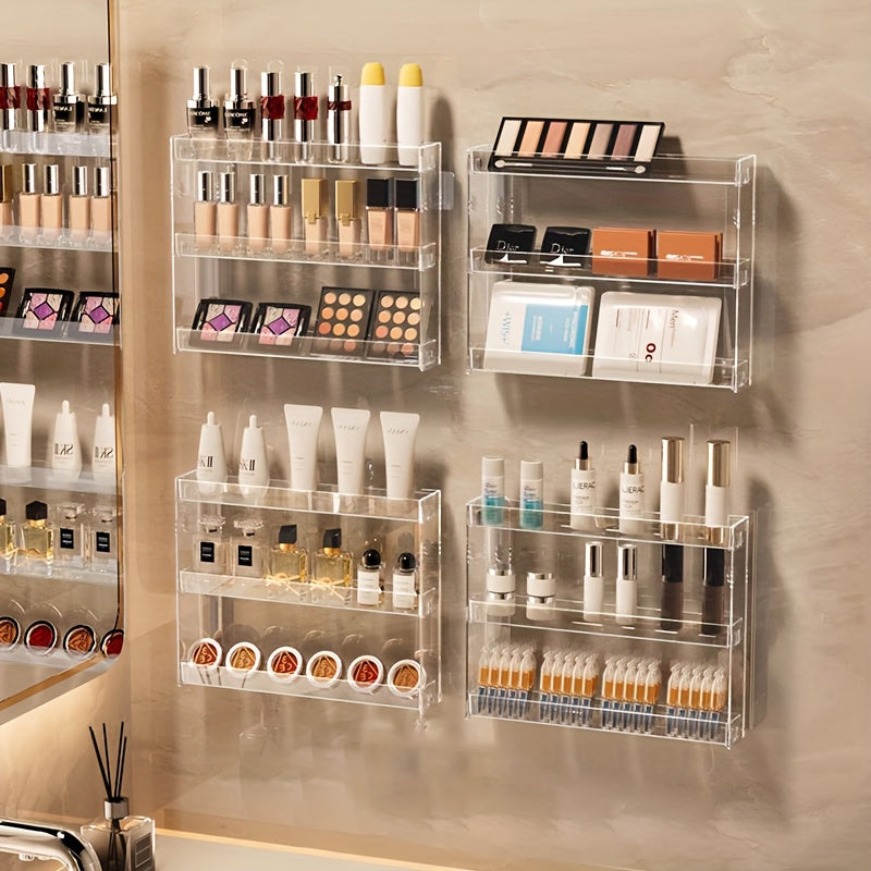 1pc Clear Wall-Mounted Makeup Organizer Shelf - Heavy-Duty Adjustable Vanity Tray, Space-Saving Bathroom Storage Rack with Large Capacity for Makeup, Perfume, Lipsticks, Foundation - Easy Installation, No Tools Needed, Modern Vanity Decor for Home, Salon,
