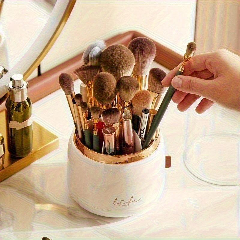 Luxury Makeup Brush Organizer with Mint Green & Rose Golden Accents - Transparent Vanity Storage Box, Large Capacity Makeup Organizer with Dustproof Lid for Professional or Home Use - Bathroom Countertop Decor, No Assembly Needed, Makeup Vanity Desk