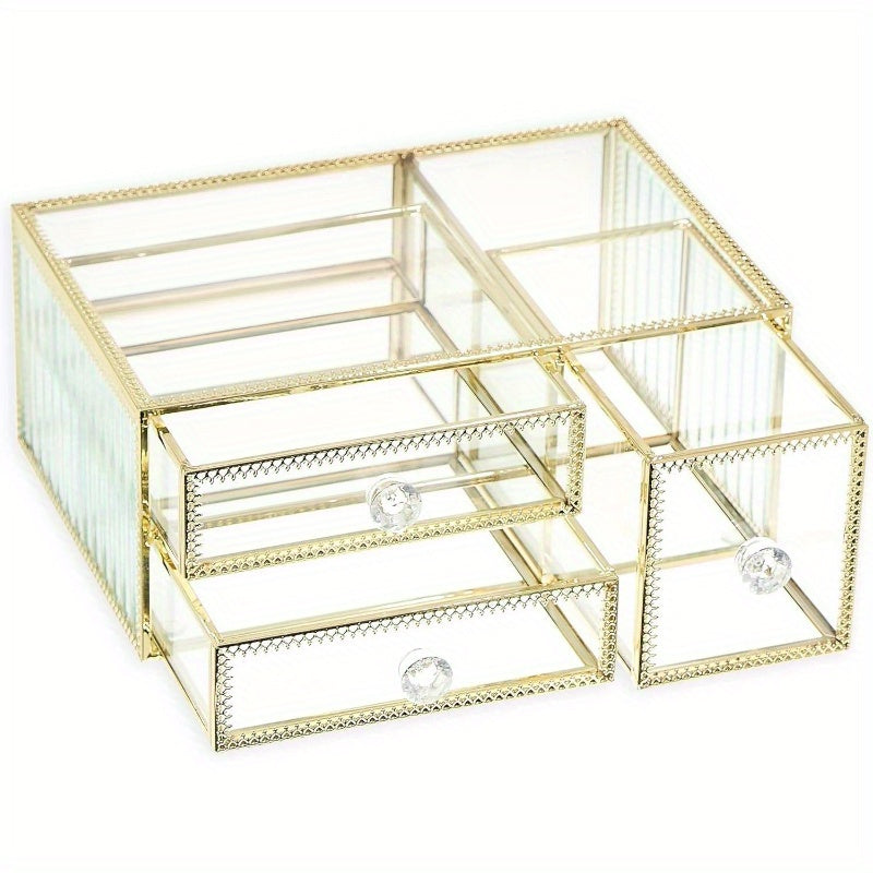 360-Degree Rotating Makeup Organizer with Golden Accents - 3-Drawer Vanity Storage, No Assembly Needed, Elegant Cosmetic Organizer with Spacious Drawers for Professional or Home Use - Perfect Gift for Beauty Enthusiasts, Modern Design, Polished Finish,