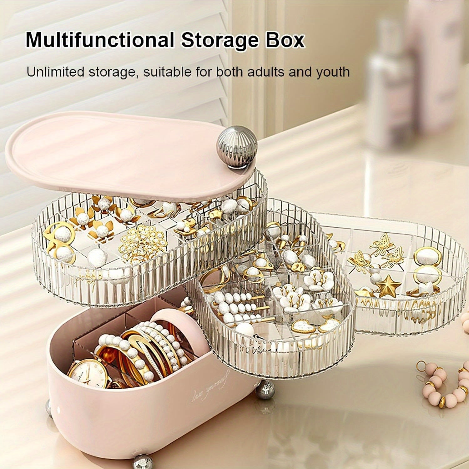 SANK Rotating Makeup Organizer Countertop, Makeup Storage Organizer, Vanity Desk Cosmetic Organizer, Large Cosmetic Storage Box for Lipsticks, Perfume, Jewelry, Rings, Earrings, 4 layers