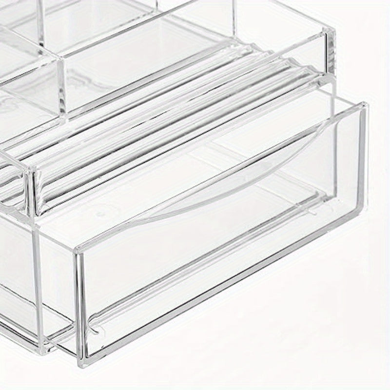 Cadi Collection Clear Plastic Divided Makeup Organizer Bin with Front Drawer - 11-Compartment Bathroom Vanity Storage for Cosmetics, Brushes, Nail Art Tools | Durable Countertop Organizer, Space-Saving Design (7.68x7x4.6in), Cosmetic Storage Organizer,