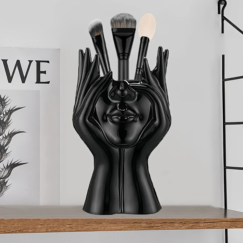 1pc Multifunctional Facial Sculpture Pen Holder & Makeup Brush Organizer - Creative Artistic Decorative Home Office Bathroom Vanity Storage Box, Durable Resin Material Desktop Organizer for Makeup Supplies, No Power Required